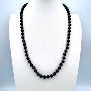 Vintage Trifari Black Bead Necklace Gold Clasp 24” Classic Mid Century Jewelry